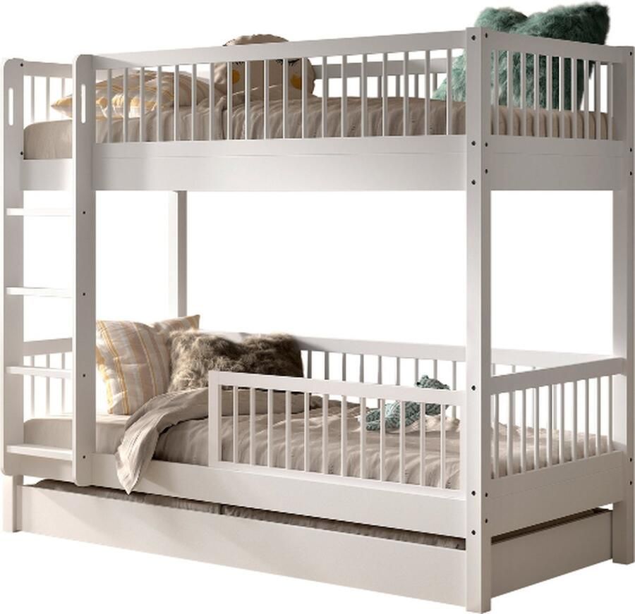 Vipack EMOB Stapelbed Forrest 90x200cm met bedlade en bedhekje wit beukenhout Kinderbedden met uitvalbeveiliging Wit Hout Kinderbedden met uitvalbeveiliging Eenpersoons Stapelbed Op voorraad - Foto 2
