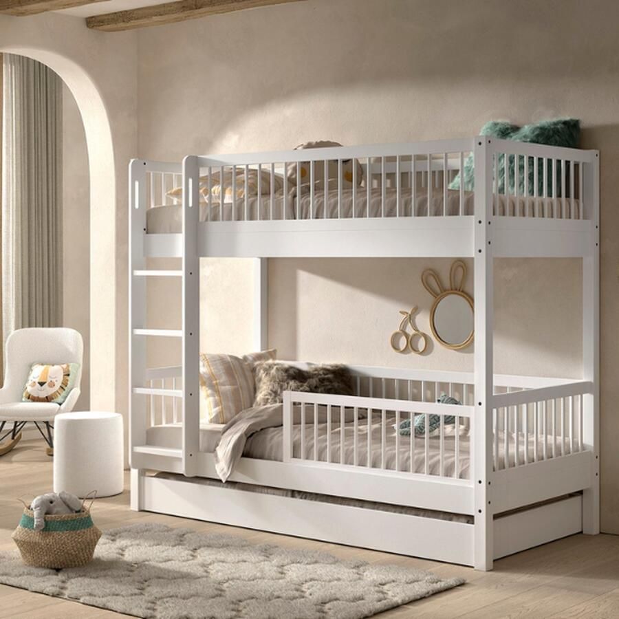 Vipack EMOB Stapelbed Forrest 90x200cm met bedlade en bedhekje wit beukenhout Kinderbedden met uitvalbeveiliging Wit Hout Kinderbedden met uitvalbeveiliging Eenpersoons Stapelbed Op voorraad