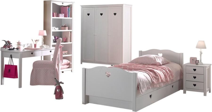Vipack Deze Amori-combinatie bestaat uit een bed van 90x200 cm een lattenbodem een nachtkastje een kledingkast met 3 deuren een bureau een boekenkast en een rolbed