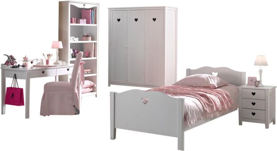 Vipack Deze Amori-combinatie bestaat uit een bed van 90x200 cm een lattenbodem een nachtkastje een kledingkast met 2 deuren een bureau en een boekenkast