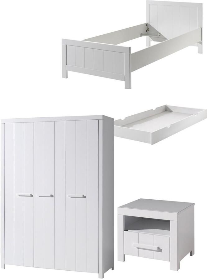 Vipack This ERIK combination in white consists of a bed (90x200) with a matching trundle bed nightstand and 3-door wardrobe