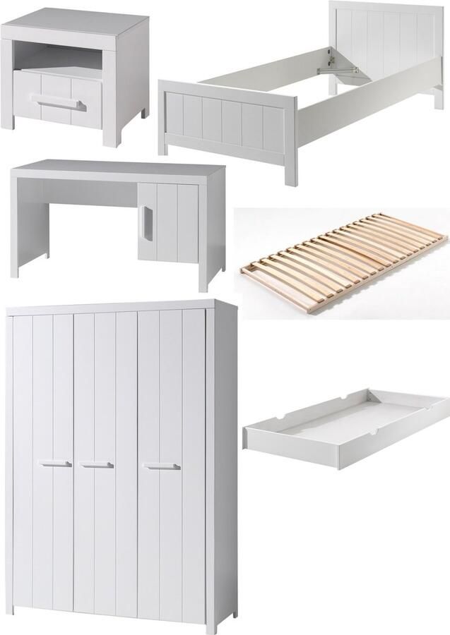 Vipack This ERIK combination in white consists of a bed (90x200) with accompanying slatted base trundle bed nightstand 3-door wardrobe and desk