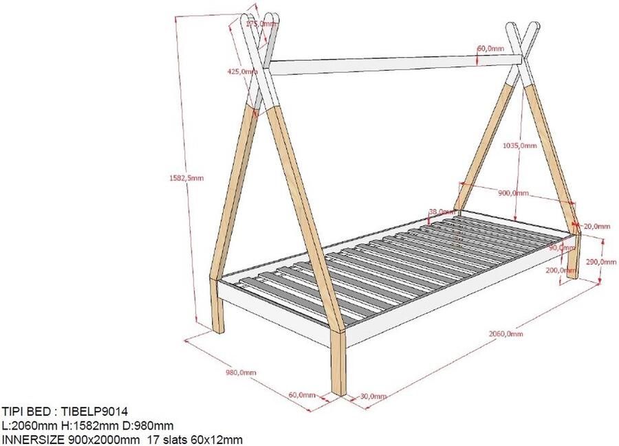 Vipack Kinderledikant TIPI massief dennenhout 2-kleurig gelakt met lattenbodem - Foto 6