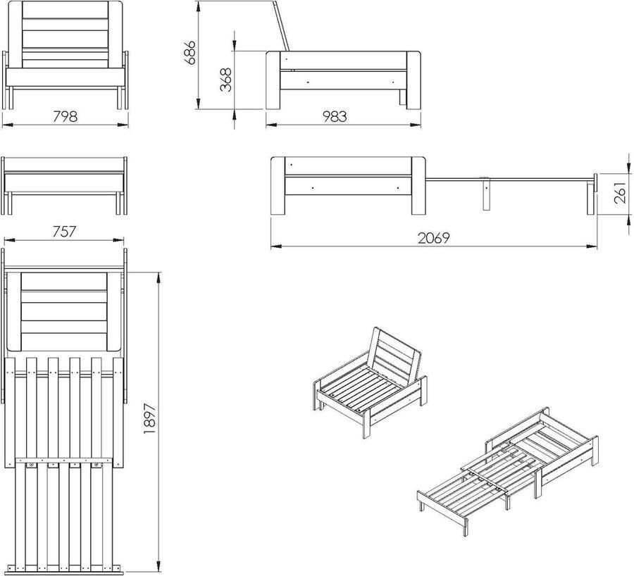 Vipack Kinderbed Pino fauteuil met uitschuiffunctie en kussen universeel inzetbaar en uittrekbaar tot logeerbed