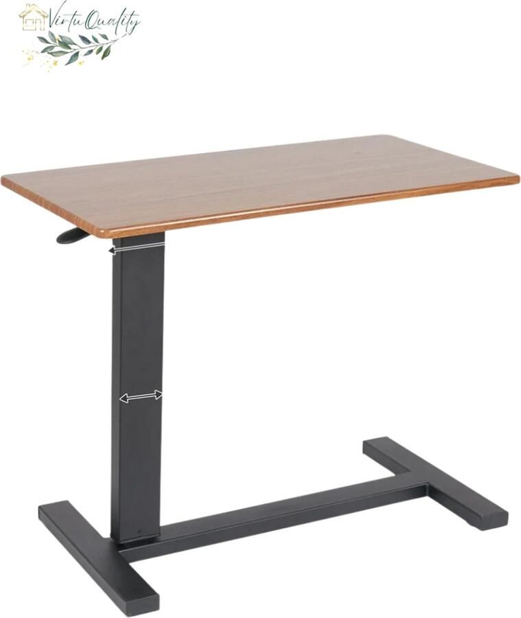 VirtuQuality Grote Rollende Overbed Laptop Bureau Hoogte Verstelbare Tafel Ziekenhuis Nachtkastje met Lade Zwart & Bruin Design