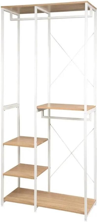 VirtuQuality Hout Stalen Kapstok Vloerstaande Kleerhanger met Opslag Plank Kledingrek en Schoenenrek Slaapkamermeubilair Wit