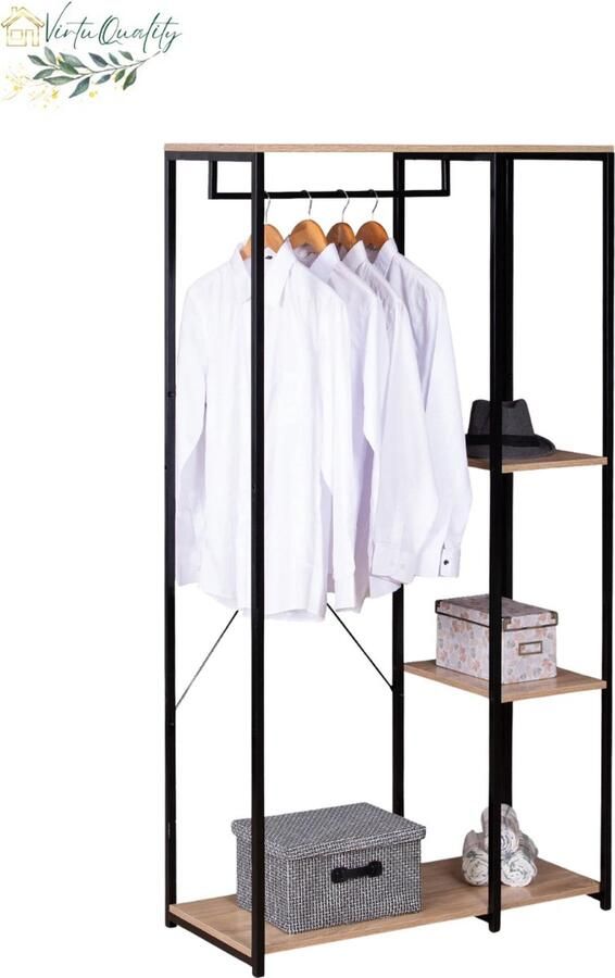 VirtuQuality Kapstok Vloer Staande Kledingrek Kleding Hanger en Schoenenrek met Plank Ideaal voor Slaapkamer- Zwart met Donker Hout