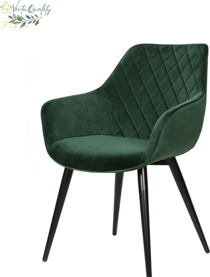 VirtuQuality Moderne eetkamerstoelen Hoge rugleuning Armleuningen Comfortabele stoel Zithoogte 47 cm Kleur Groen Velvet