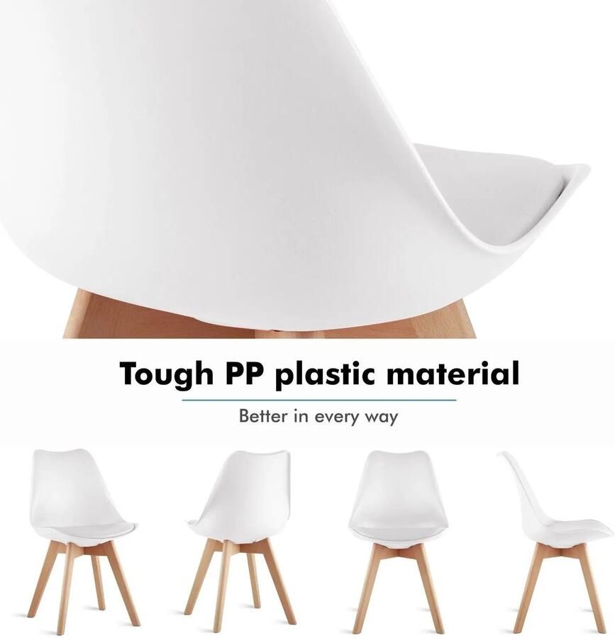 VirtuQuality Set van 6 Eetkamerstoelen PU Gewatteerde Zitting Beukenhout Stijlvol en Comfortabel Restaurant en Eetkamer Kleur Wit