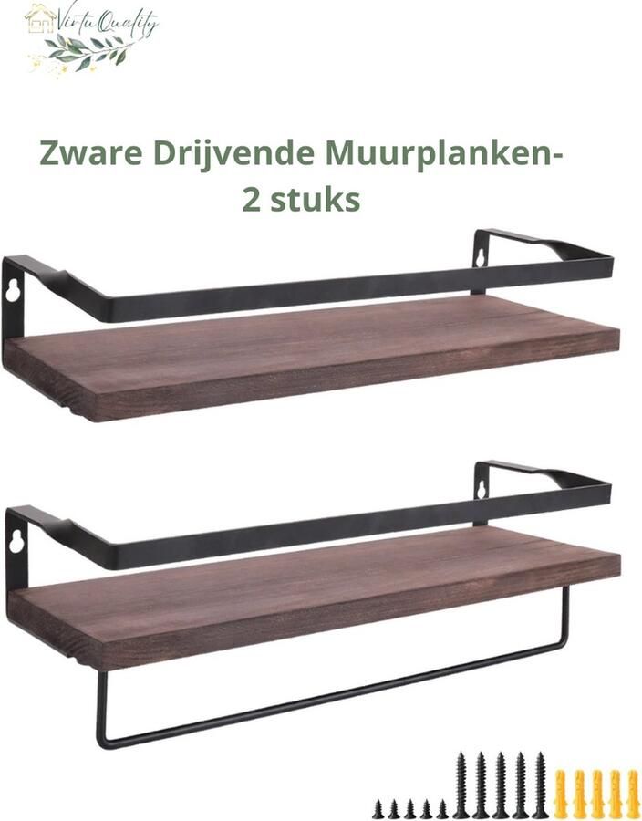 VirtuQuality Zware Drijvende Muurplanken- 2 stuks Houten Planken Opslag Keuken Rack Display Rek Modern Zwart Bruin Design Stevig