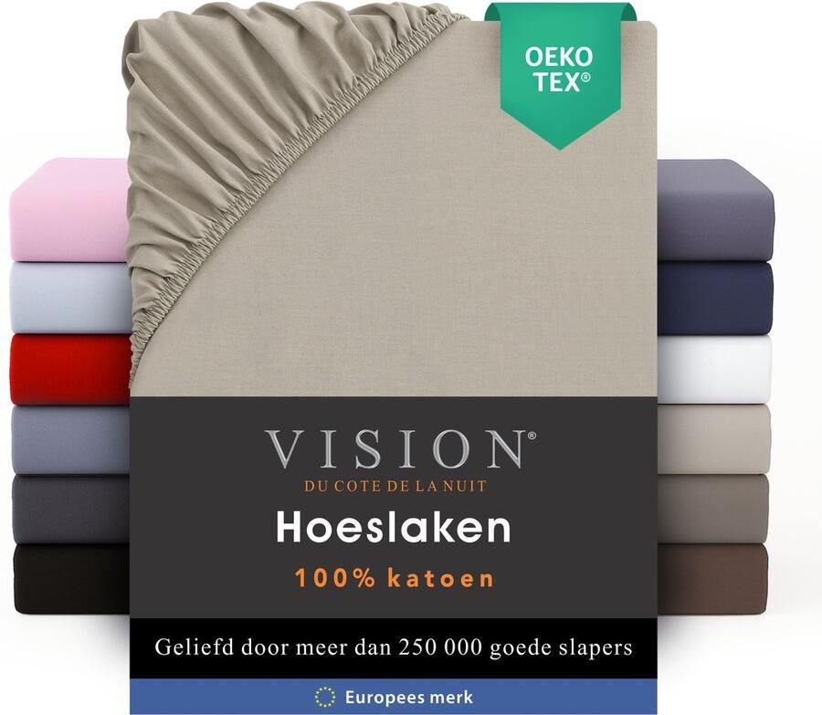 VISION home VISION Hoeslaken 100% katoen 200 x 200 cm met ruime hoek van 30cm Geschikt voor boxspring matras Beige Oekotex gecertificeerd