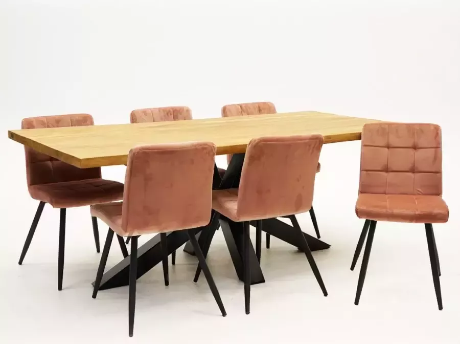 VITA Eetkamertafel Spectral Indoor teak 200x100 + Zachtroze Velvet stoelen