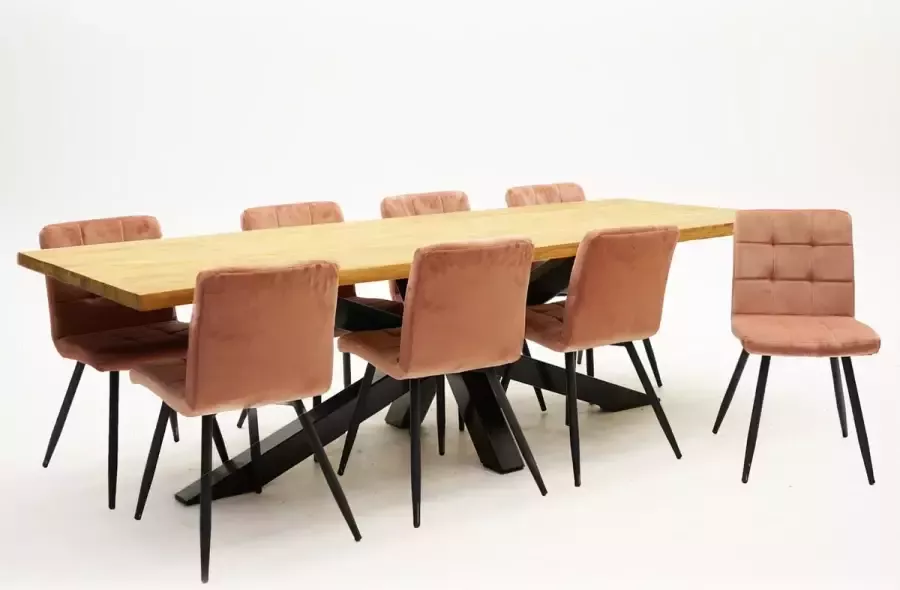VITA Eetkamertafel Spectral indoor teak 260x100 + Zachtroze velvet stoelen