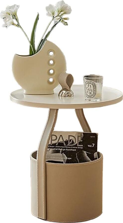 Vivera 'Livin Luxe Bijzettafel – Bijzettafels Stenen Blad Leren Mand – Beige – Ø45cm - Foto 2