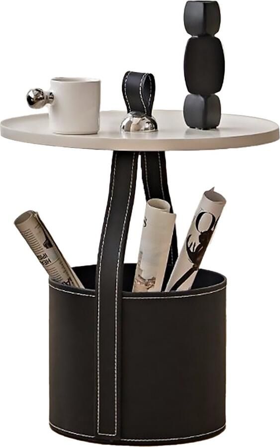 Vivera 'Livin Luxe Bijzettafel – Bijzettafels Stenen Blad Leren Mand – Zwart – Ø45cm - Foto 2