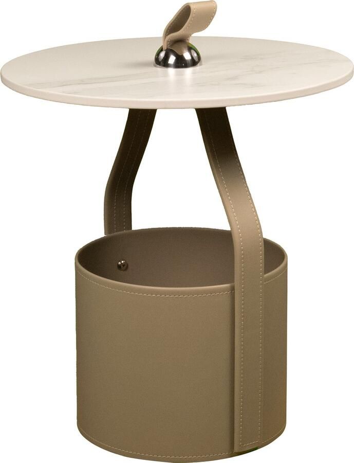 Vivera 'Livin Luxe Bijzettafel – Bijzettafels Stenen Blad Leren Mand – Beige – Ø45cm
