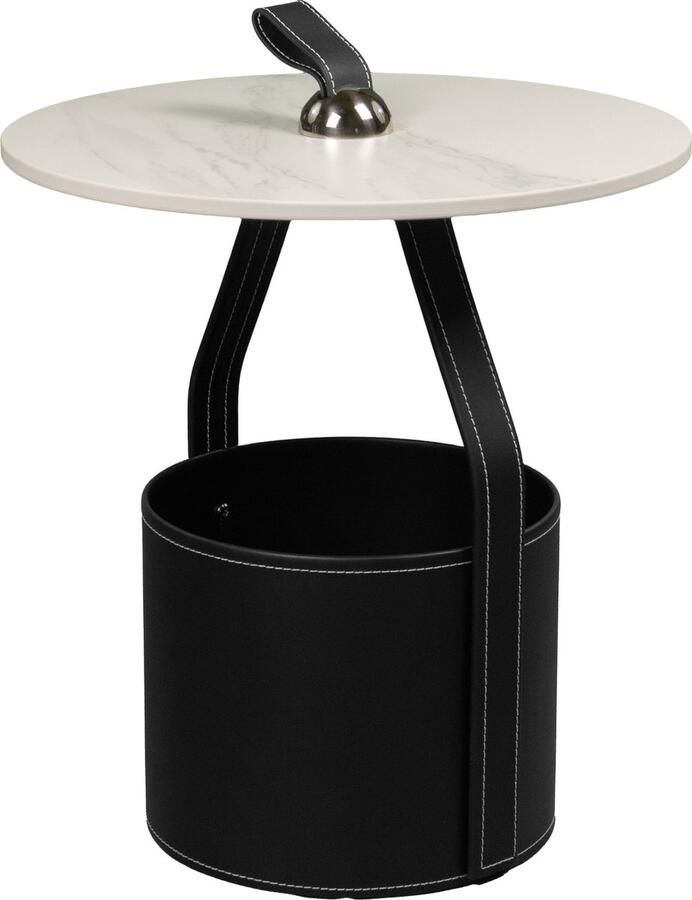 Vivera 'Livin Luxe Bijzettafel – Bijzettafels Stenen Blad Leren Mand – Zwart – Ø45cm