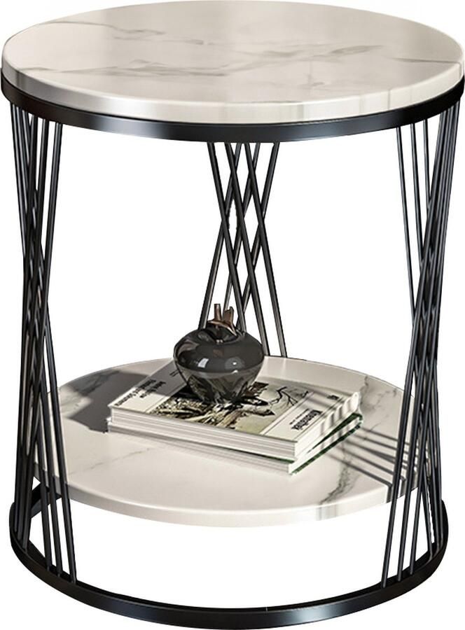 Vivera 'Livin Ronde Bijzettafel – Leistenen Blad en Zwart Stalen Frame – Modern Design