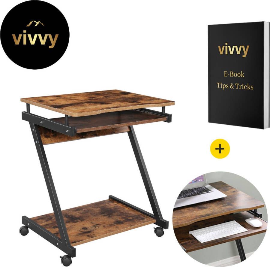 Vivvy Laptoptafel Op Wielen – Computermeubel 2 In 1 Bedtafeltje Met Wielen Van Duurzaam Verzameld Hout 100% Tevredenheidsgarantie Eikenhout Werkplek 60*48*73 Cm