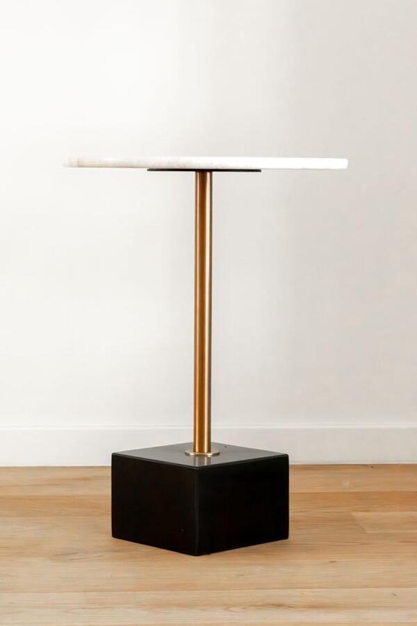 VL Home VLHOME ronde messing marmeren bovenkant marmeren travertijn basis bijzettafel 40Ø x 55H Zwart & wit