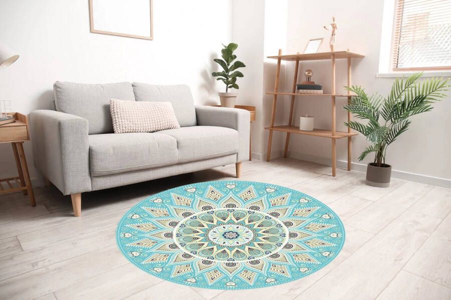 Vloerkleed vinyl rond Mandala aqua 95 cm Rond Ontdek het Vloerkleed vinyl rond Mandala aqua: stijlvol duurzaam en gemakkelijk te onderhouden. Perfect voor gezinnen die comfort en elegantie willen in hun interieur