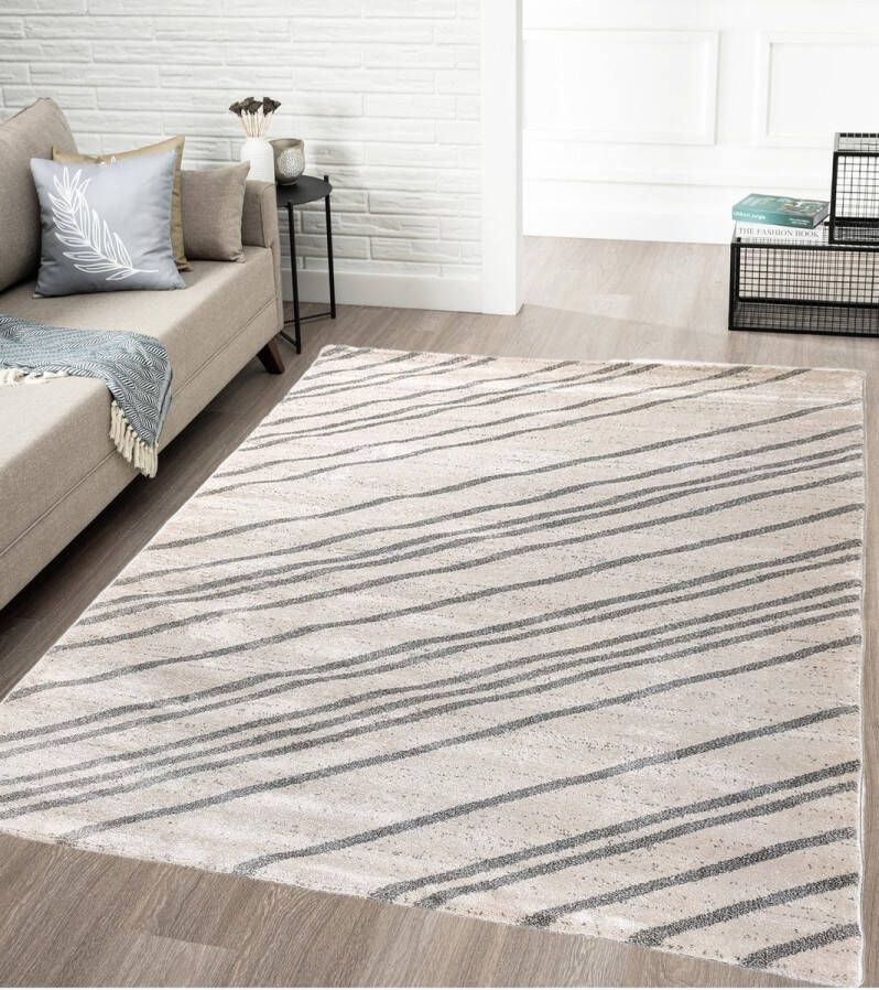 Vloerkleedgigant Laagpolig Vloerkleed Beige Grijs 120x170 cm Modern Tapijt Woonkamer Carpet