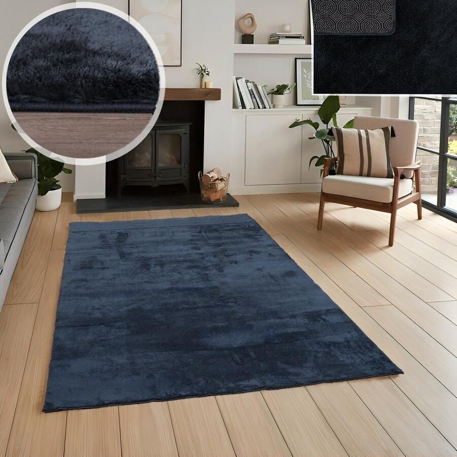 Vloerkleedgigant Laagpolig Vloerkleed Navy Donkerblauw Effen Design Wasbaar Tapijt Woonkamer 140x200 cm