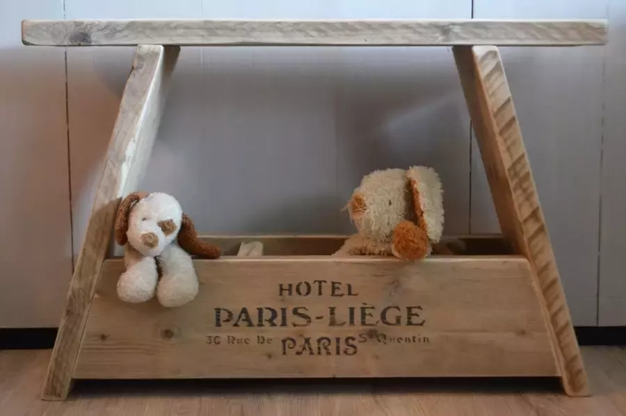 VNLR Steigerhouten bankje Gebruikt hout 70x19 5x47 cm Vintage bedrukking Paris-Liege