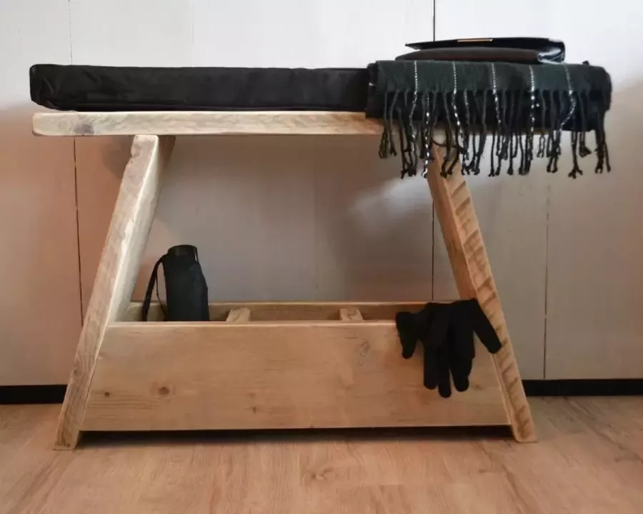 VNLR Steigerhouten (hal)bankje met opbergvak Gebruikt hout 75x19 5x47 cm Inclusief kussen