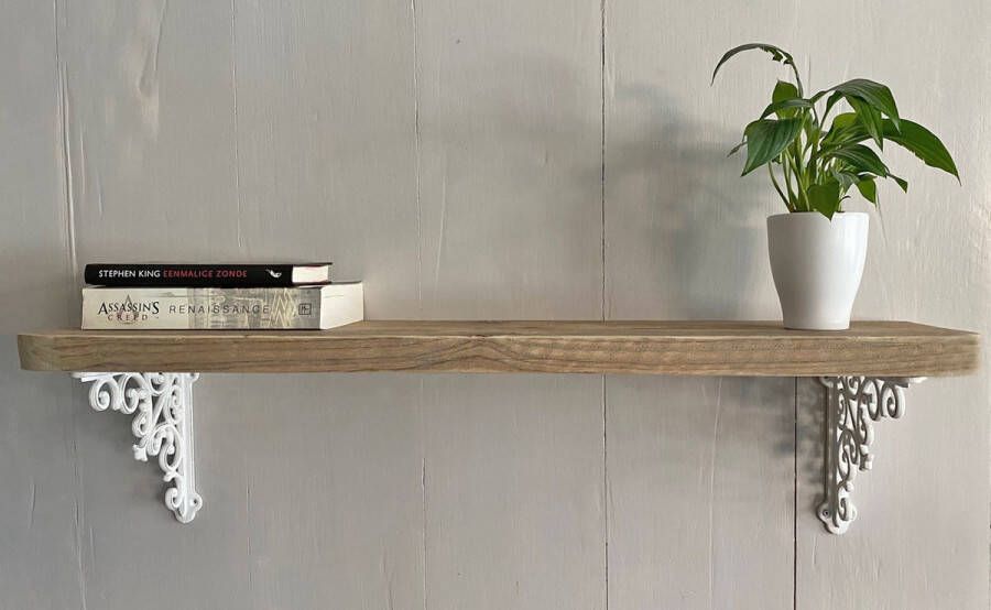VNLR Wandplank oud hout 80 cm afgeronde hoeken met 2 plankdragers