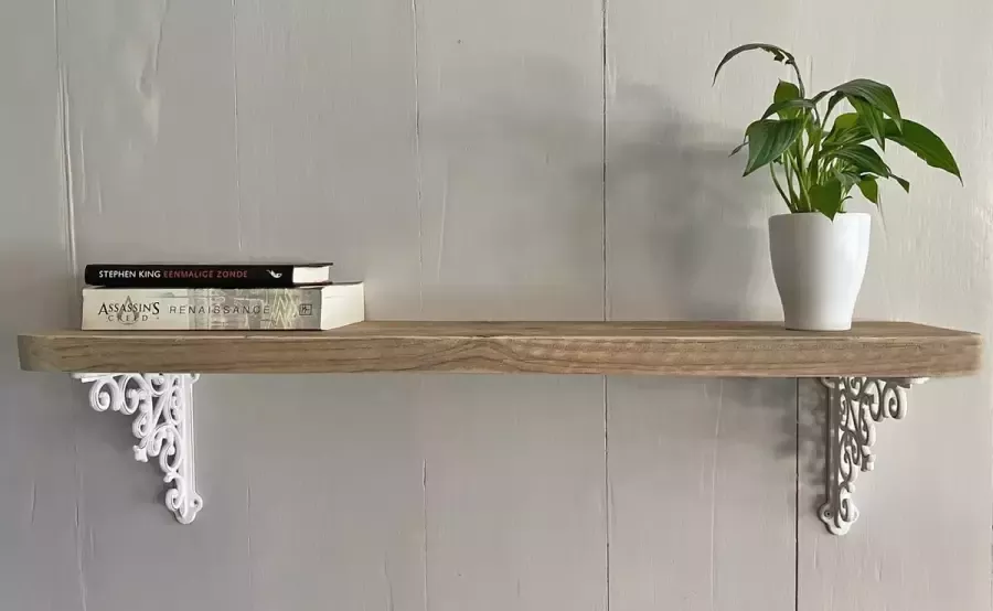 VNLR Wandplank oud hout 80 cm afgeronde hoeken met 2 plankdragers
