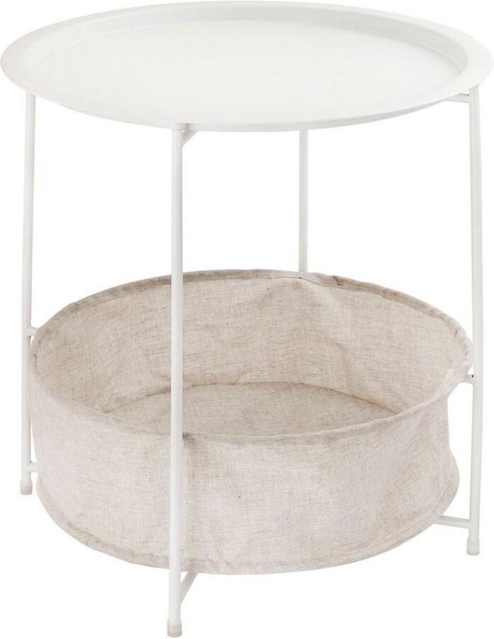 Voglrieder Bijzettafel met opbergruimte – Wit – Ø 47 cm Metaal & Linnenlook Voor binnen en buiten