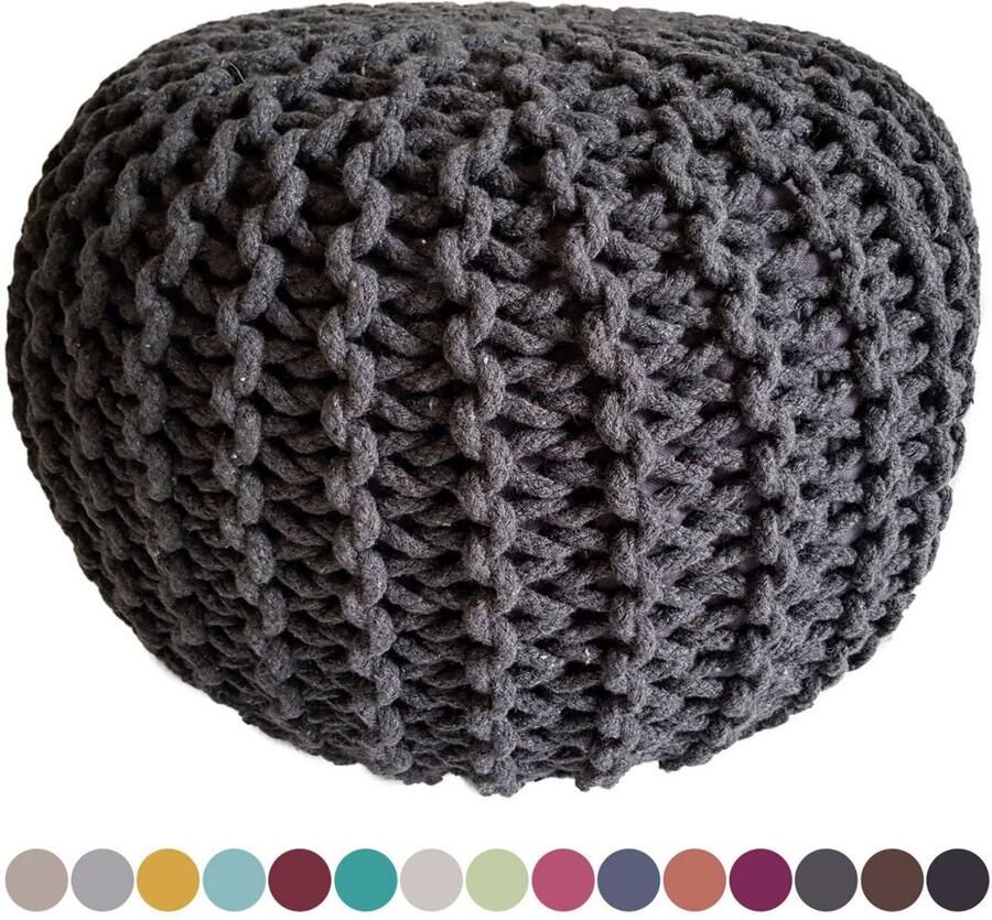 Voglrieder Gebreide Poef Ø 45 cm – donkergrijs – Handgemaakt van Gerecycled Katoen Voor Binnengebruik