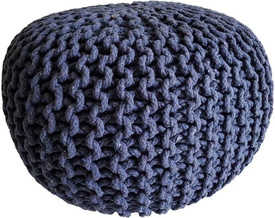 Voglrieder Gebreide Poef Ø 45 cm – jeansblauw – Handgemaakt van Gerecycled Katoen Voor Binnengebruik
