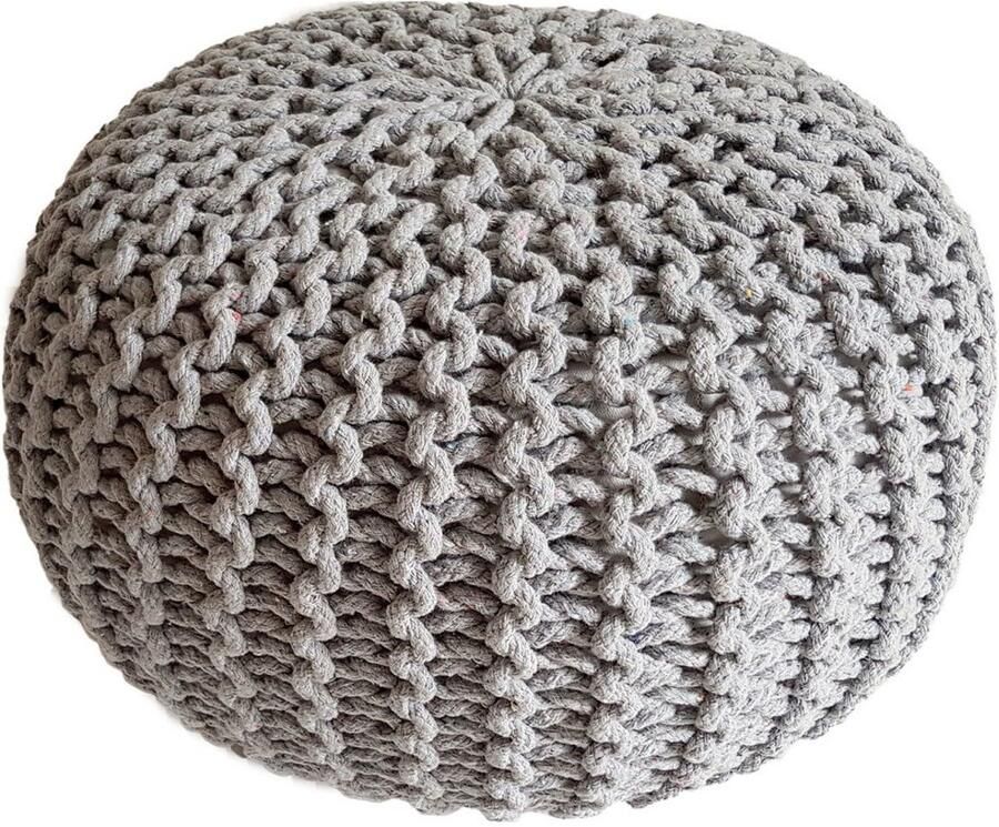 Voglrieder Gebreide Poef Ø 45 cm – lichtgrijs – Handgemaakt van Gerecycled Katoen Voor Binnengebruik
