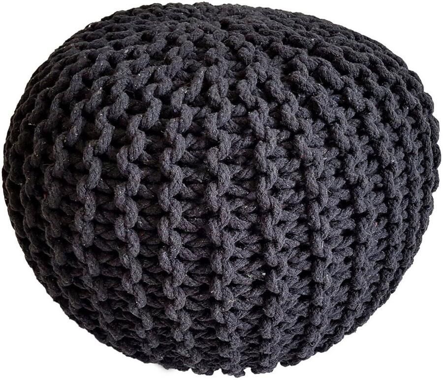 Voglrieder Gebreide Poef Ø 45 cm – zwart – Handgemaakt van Gerecycled Katoen Voor Binnengebruik