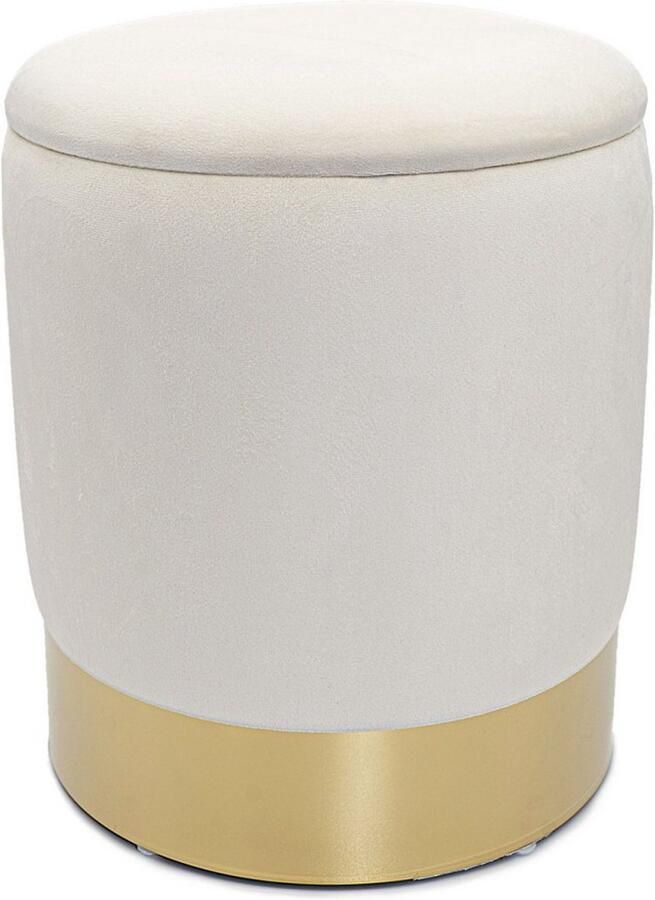 Voglrieder Poef Velours Hocker – Met Opbergruimte – Creme Zachte Zithocker van Velours Ø 31 x H 38 cm