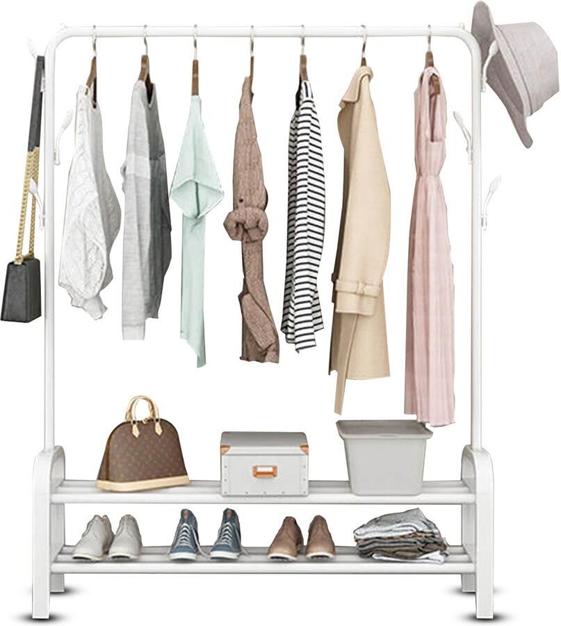 Vonia Kledingrek 102 x 34 x 152 cm Kledingrek met Schoenenrek Kledingrek Metaal Garderoberek Wit