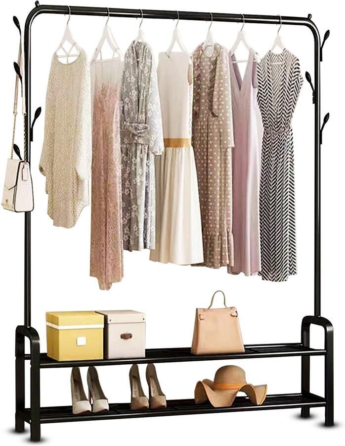 Vonia Kledingrek Garderoberek Kledingrek met Schoenenrek Kledingrek Metaal 102 x 34 x 152 cm Zwart