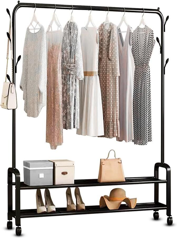Vonia Kledingrek 157 x 34 x 105 cm Kledingrek op wieltjes Kledingrek met Schoenenrek Kledingrek Metaal Garderoberek Zwart