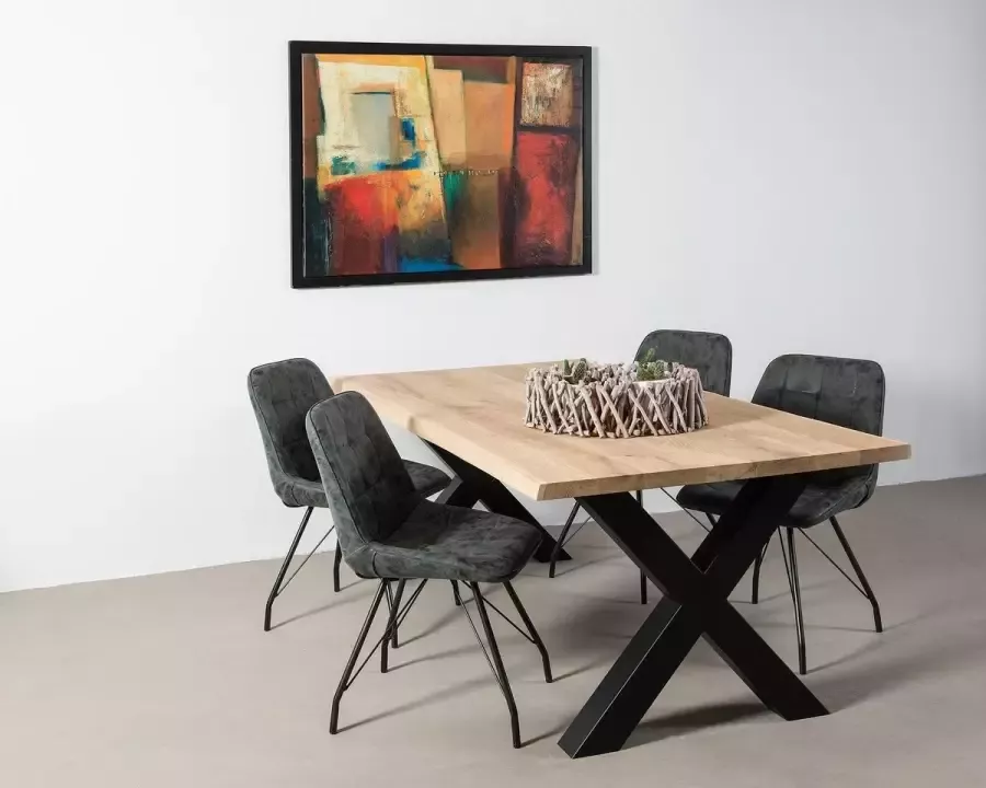 Voordeeltafels Eiken boomstamtafel 180cm x 90 100cm Stalen X poten Zwart