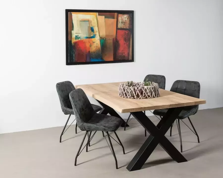 Voordeeltafels Eiken boomstamtafel 200cm x 90 100cm Stalen X poten Zwart