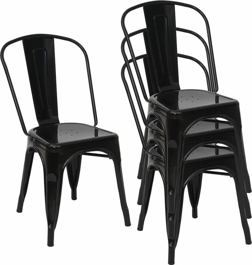 VORLOU Set van 4 stoelen Bistro stoel Cafe stoel Bistro stoel metaal Tuinstoelen stapelbaar Metalen industrieel ontwerp stapelbaar Zwart