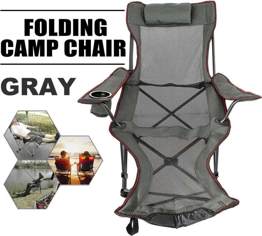 Vostara Grijs Outdoor Max 120KG opvouwbare kampeerstoel rugleuning met voetsteun Draagbare stoel kamperen Vissen Opvouwbare strandloungestoel