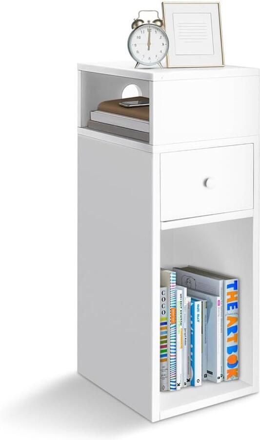 Vounot Smal Nachtkastje met 2 Open Vakken & 1 Lade Wit