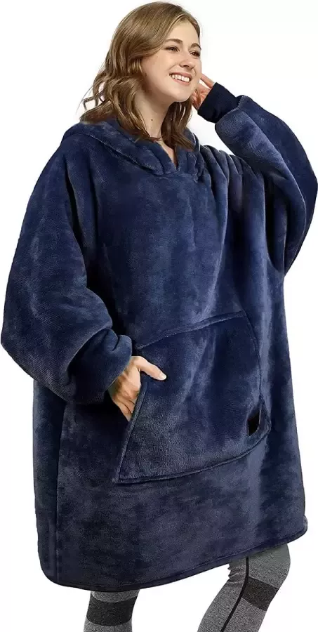 VOXO Hoodie Deken Zachte Fleece Deken met Mouwen Sherpa Plaid Oodie voor op de Bank 1450 Gram Marine Blauw