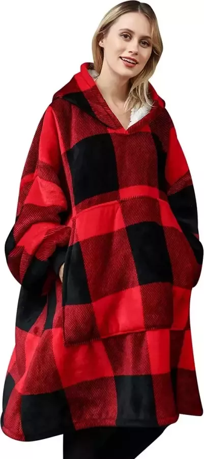 VOXO Hoodie Deken Zachte Fleece Deken met Mouwen Sherpa Plaid Oodie voor op de Bank 1450 Gram Rood met Zwart