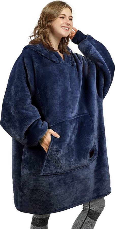 VOXO Hoodie Deken Zachte Fleece Deken met Mouwen Sherpa Plaid voor op de Bank 1450 Gram Marine Blauw