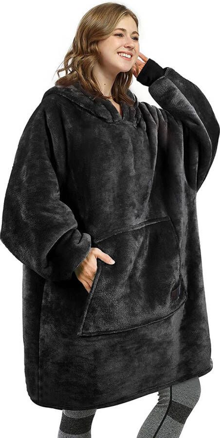 VOXO Hoodie Deken Zachte Fleece Deken met Mouwen Sherpa Plaid voor op de Bank 1450 Gram Zwart