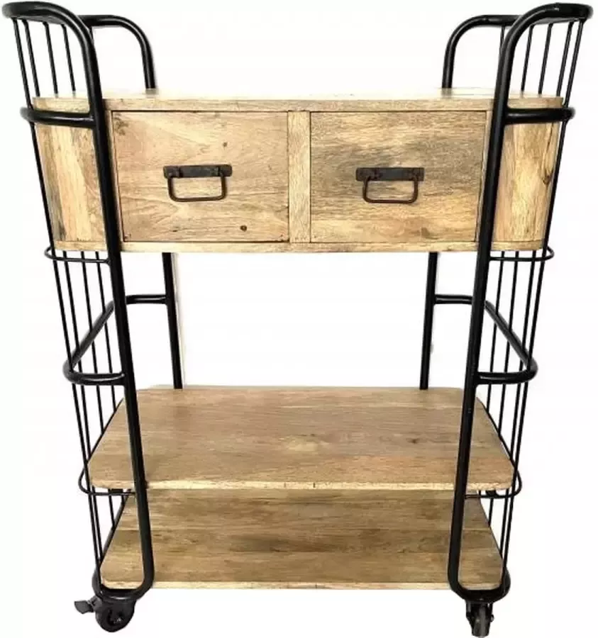 Vtw Living Keukentrolley van Mangohout en Metaal Met Lades Keuken Organizer Trolley Industrieel Serveertafel 110 cm hoog